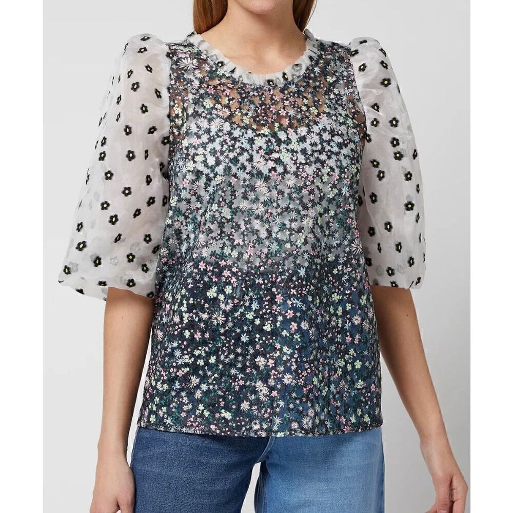 MUNTHE Cadi Floral Print Puff Sleeve Semisheer Top Blouse size 32 DESIGINER